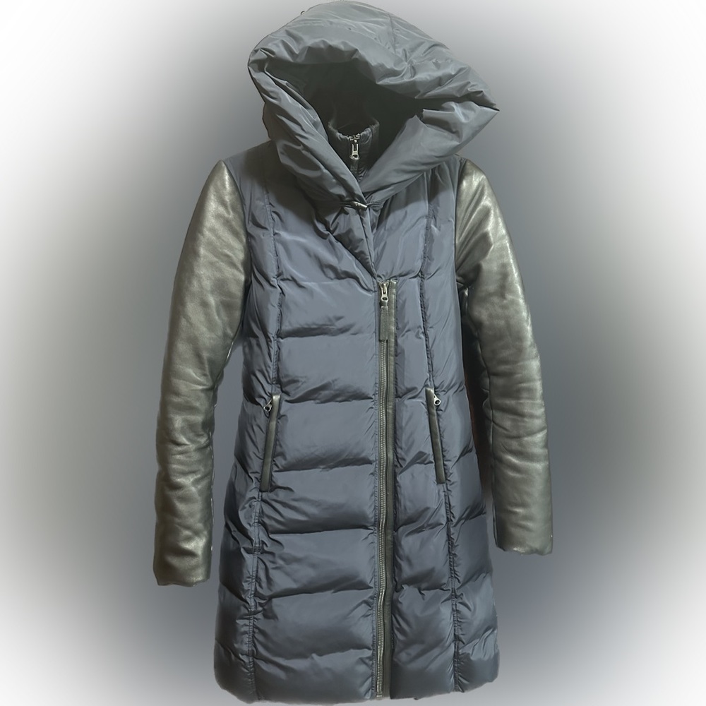 Mackage Leather Sleeves Navy Blue/Black PUFFER Jacket Size XS EUC